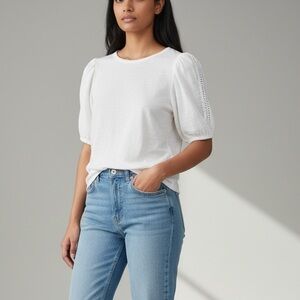 Design History White Puff Sleeve 100% Cotton Tee with Crotchet Detail, Size S